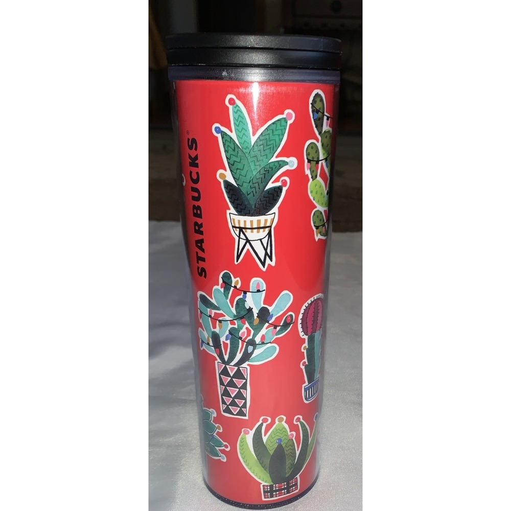 Starbucks 2017 red travel mug tumbler 16 oz Cactus plant cold hot logo succulent